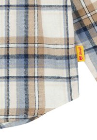 Een geruite shirt met een mix van lichtblauw, beige en marineblauw. Gemaakt van gladde stof met een gele labelaccent.