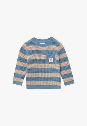 Gestickter Pullover mit horizontalen blauen und beige Streifen; verfügt über einen runden Ausschnitt, lange Ärmel und eine kleine aufgesetzte Tasche mit Logodetail.