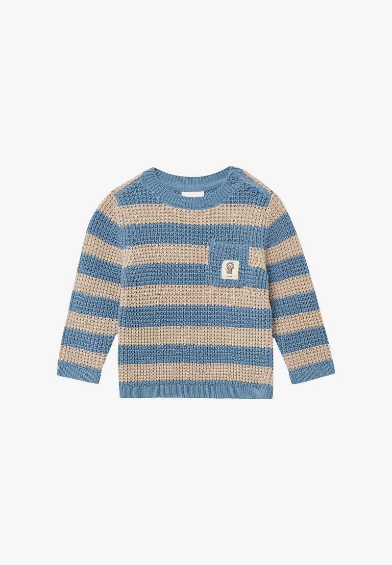 Gestickter Pullover mit horizontalen blauen und beige Streifen; verfügt über einen runden Ausschnitt, lange Ärmel und eine kleine aufgesetzte Tasche mit Logodetail.