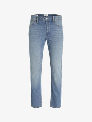 Helle blaue Denim-Jeans mit geradem Schnitt, ausgestattet mit einem Reißverschluss, fünf Taschen und einem verwaschenen Finish für einen abgetragenen Look.
