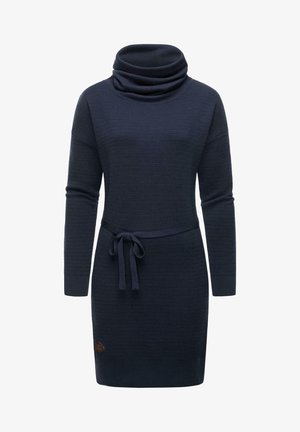 Navy knit dress with a cowl neck, long sleeves, and a belted waist. Features a textured pattern and a small logo patch at the hem.