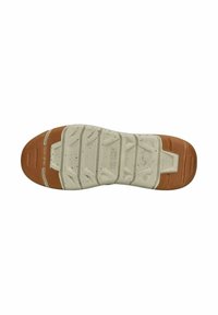 Sole della calzatura in un materiale beige chiaro con macchie scure, caratterizzata da un motivo testurizzato per la presa e accenti in gomma marrone sulla punta e sul tallone.