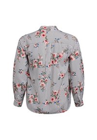 Button-up shirt with a striped pattern in black and white, featuring multicolored floral prints. Long sleeves and a classic collar design.