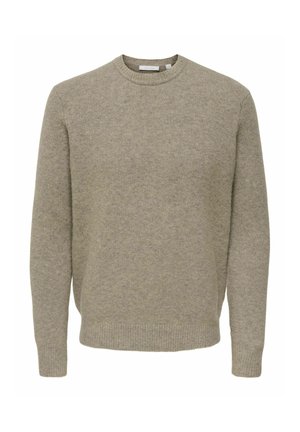 Pull en tricot gris clair avec un col rond, des manches longues et un ourlet côtelé. Texture douce, design minimaliste, sans motifs visibles.