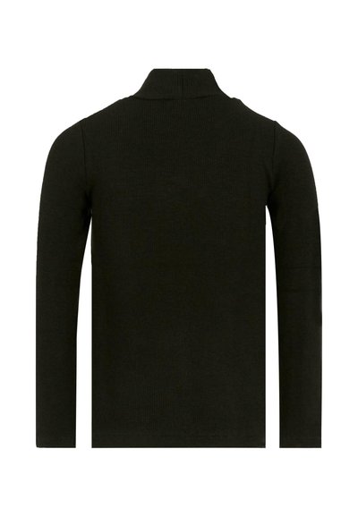 Maglione nero a coste con maniche lunghe e colletto alto, mostrato da dietro su uno sfondo bianco.