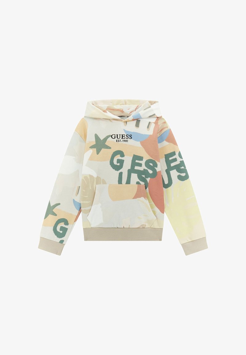 Kapucar siva majica v bežni barvi z večbarvnim abstraktnim vzorcem. Ima sprednji kenguru žep in logotip "GUESS EST. 1981" na prsih.