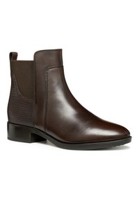 Botas de tobillo de cuero marrón con un acabado suave, paneles laterales elásticos y acentos texturizados en el talón trasero, con un tacón bajo tipo bloque.