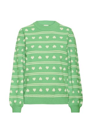 Groene trui met een ronde hals, met witte hartjespatronen in afwisselende rijen met strepen. Zachte textuur, lange mouwen en geribbelde manchetten.