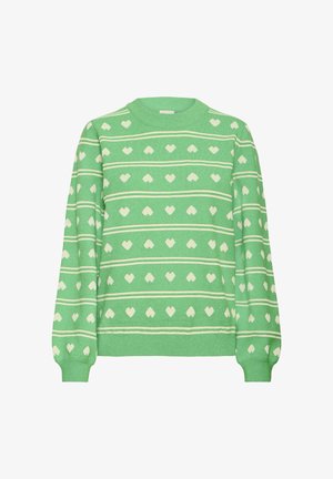 Green sweater with a round neck, featuring white heart patterns in alternating rows with stripes. Soft texture, long sleeves, and ribbed cuffs.