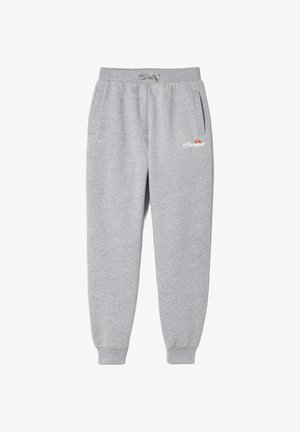 Pantaloni della tuta grigi in tessuto morbido, con vita elasticizzata e coulisse, tasche laterali e un piccolo logo sul davanti.