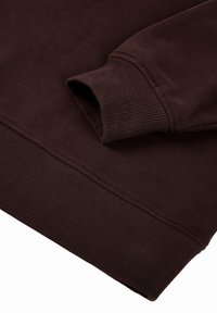 Felpa marrone con polsini e orlo a coste, texture liscia e vestibilità comoda. Primo piano che mostra i dettagli delle maniche e del fondo.