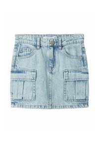 Helle blaue Jeansrock mit hoher Taille, ausgestattet mit zwei vorderen Taschen und zwei seitlichen Cargotaschen. Klassisches Fünf-Taschen-Design.