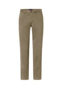 Khaki cotton chinos with a smooth texture, slim fit, belt loops, button closure, and side pockets. Minimalist design with a clean finish.