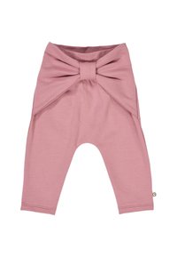 Pink cotton leggings featuring a bow accent at the waistband, with a smooth texture and fitted design. No patterns or additional hardware.
