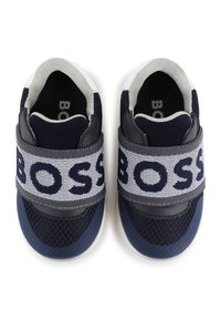 Navy blue sneakers with mesh and synthetic upper, featuring a gray strap with "BOSS" printed in blue. White sole, textured design.