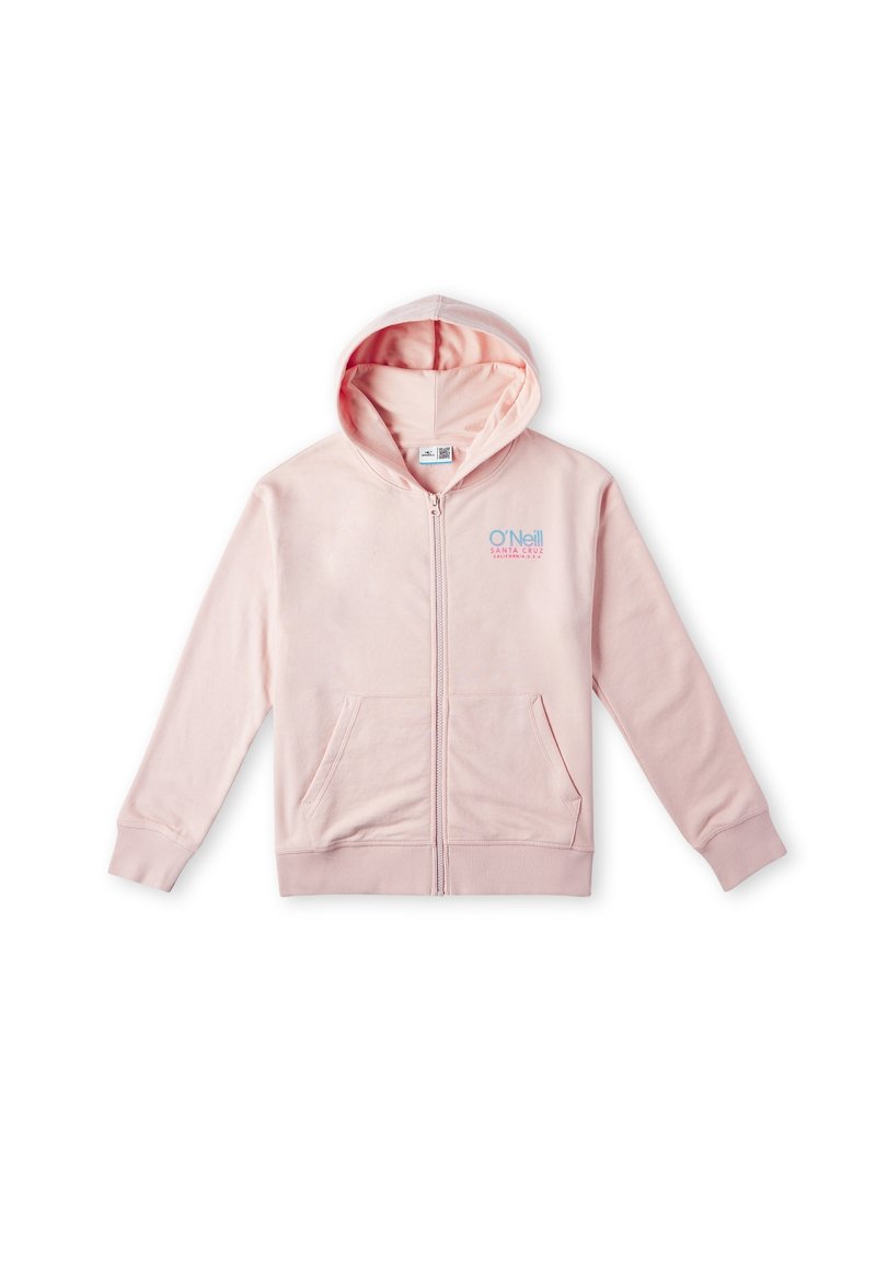 Roze zip-up hoodie van een zachte katoenmix, met een voorzak en een capuchon met trekkoord. O'Neill-logo gedrukt op de linkerkant van de borst.