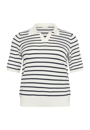 Gestreepte kortemouwen polo in crème en marineblauw, met een V-hals en geribbelde accenten bij de kraag en zoom. Zachte gebreide textuur.