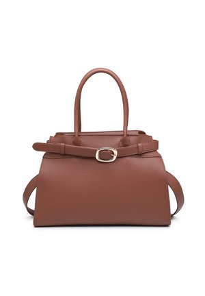 Bruine gestructureerde leren handtas met dubbele handvatten, een afneembare schouderriem en een decoratieve riem met een gouden gesp.