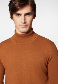 Brązowy sweter z golfem wykonany z żebrowanej dzianiny, charakteryzujący się dopasowanym krojem i wysokim kołnierzem. Gładka tekstura z minimalnymi detalami.