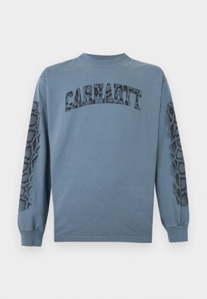 Μπλε μακρυμάνικο πουκάμισο Carhartt με σχέδιο κειμένου σε μοτίβο φιδιού μπροστά και αντίστοιχα σχέδια φιδιού κατά μήκος και των δύο μανικιών.