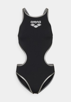 Zwarte badpak met grijze accenten, voorzien van een hoge halslijn, open zijkanten en een "arena" logo aan de voorkant.