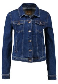 Jeansjacka i mörkblått med knappstängning fram, två bröstfickor och långa ärmar. Har guldfärgad sömnad och metalldelar.