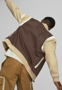 Brown and beige bomber jacket with ribbed cuffs, white accent stripes, and side pockets. Worn over a white shirt, displayed from behind.
