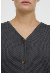 Gray knitted cardigan with a V-neck design, featuring two brown buttons at the front and a textured fabric.