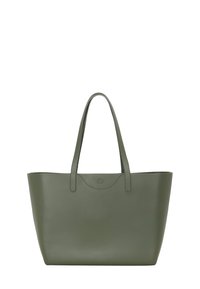 Duża oliwkowo-zielona torba na ramię z dwiema rączkami i zapięciem na zatrzask w górnej części.