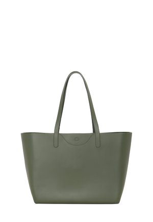 Suuri oliivinvihreä kassi, jossa on kaksi olkahihnaa ja napinvaihteinen sulkija yläosassa.