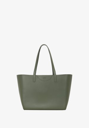 Duża oliwkowo-zielona torba na ramię z dwiema rączkami i zapięciem na zatrzask w górnej części.