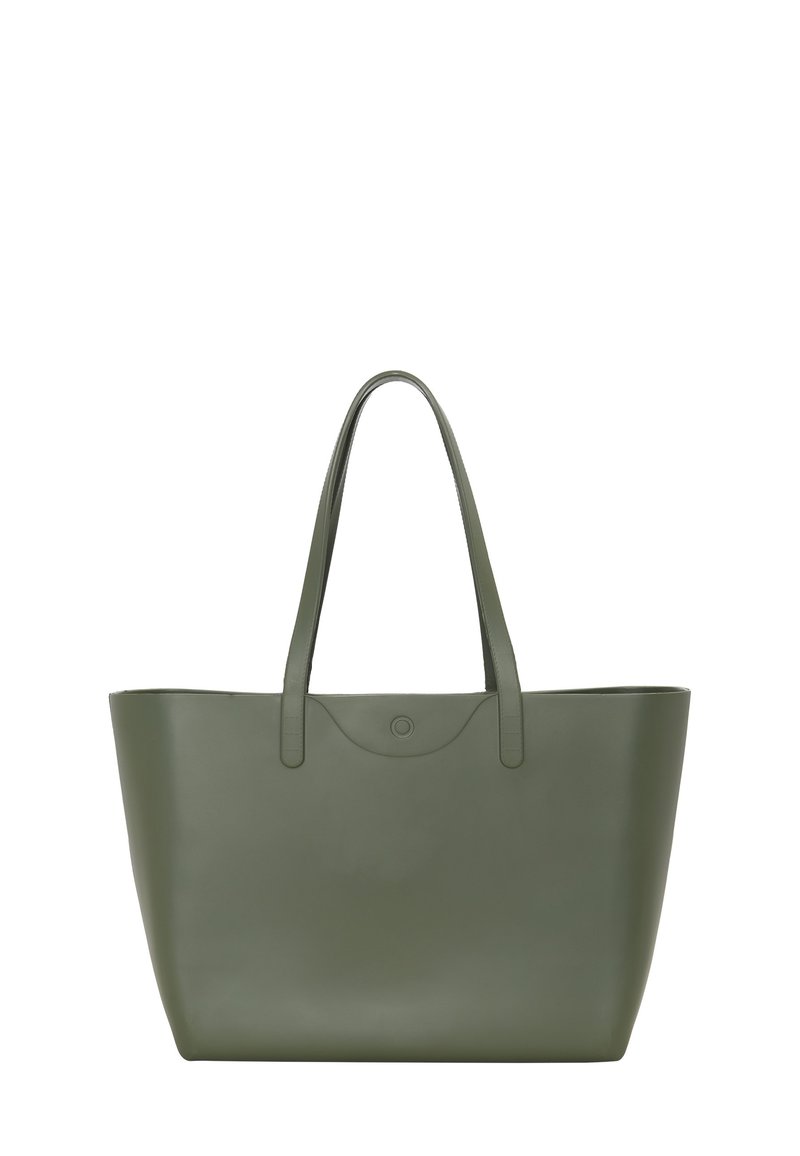 Duża oliwkowo-zielona torba na ramię z dwiema rączkami i zapięciem na zatrzask w górnej części.