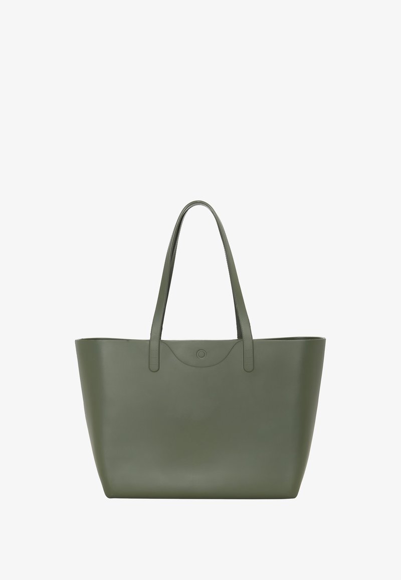 Duża oliwkowo-zielona torba na ramię z dwiema rączkami i zapięciem na zatrzask w górnej części.