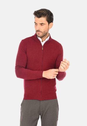 Cardigan bordeaux a zip, realizzato in tessuto morbido, con colletto rialzato e maniche affusolate, indossato sopra una camicia bianca con pantaloni grigi.