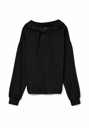 Zwarte hoodie met een relaxte pasvorm, voorzien van een trekkoordkapuzon, geribde manchetten en onderrand. Zacht materiaal met een subtiele textuur, zonder patronen of versieringen.
