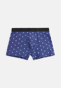 Boxer shorts de color azul oscuro con una cinturilla elástica negra. Presenta un patrón repetido de pequeñas figuras en blanco y azul claro. Tejido suave, diseño ajustado.