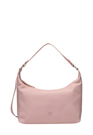 Borsa a spalla rosa chiaro realizzata in tessuto strutturato, con una silhouette curva, chiusura con zip e un manico corto con accessori in metallo.