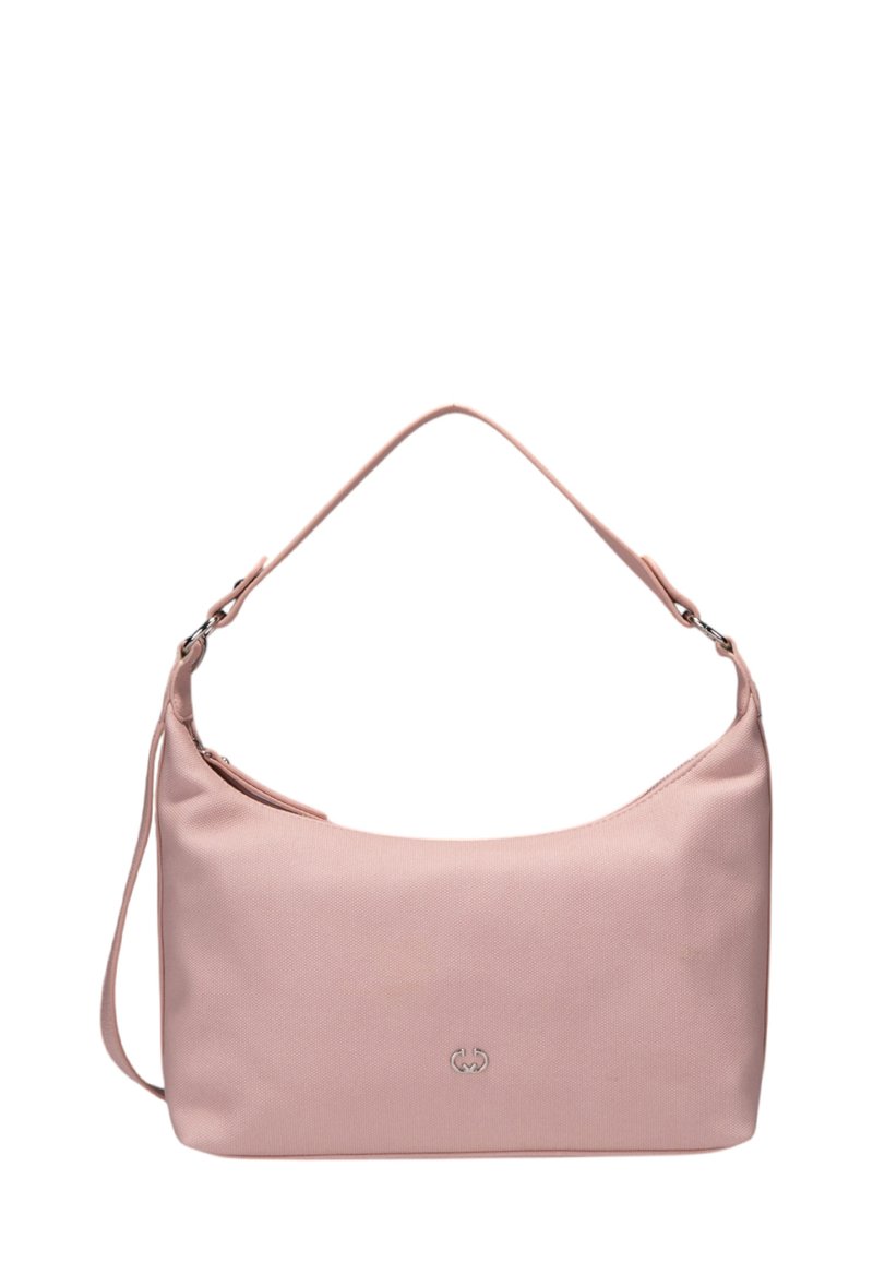 Borsa a spalla rosa chiaro realizzata in tessuto strutturato, con una silhouette curva, chiusura con zip e un manico corto con accessori in metallo.