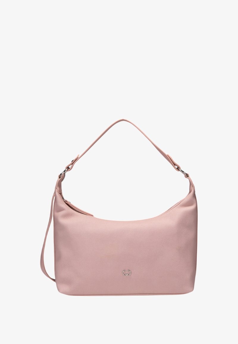 Borsa a spalla rosa chiaro realizzata in tessuto strutturato, con una silhouette curva, chiusura con zip e un manico corto con accessori in metallo.