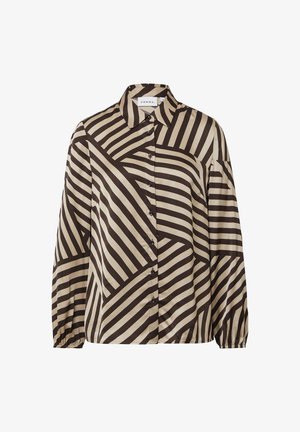 Langärmeliges Hemd mit Knopfleiste, das ein geometrisches diagonales Streifenmuster in Beige und Dunkelbraun aufweist und einen spitzen Kragen hat.