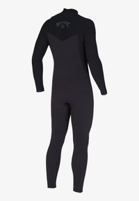 Neopreno flexible de traje de baño negro, con mangas largas y piernas entalladas. Presenta paneles texturizados y un logo azul en la parte posterior.