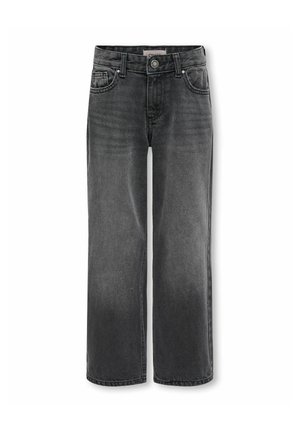Jean noir à coupe droite avec fermeture par bouton et fermeture éclair, poches avant et arrière, et passants pour ceinture.