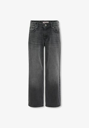 Jean noir à coupe droite avec fermeture par bouton et fermeture éclair, poches avant et arrière, et passants pour ceinture.