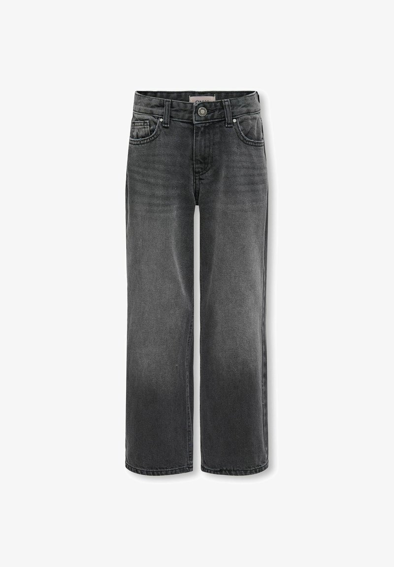 Jean noir à coupe droite avec fermeture par bouton et fermeture éclair, poches avant et arrière, et passants pour ceinture.