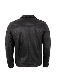 Schwarze Lederjacke mit einem klassischen Kragen, sichtbaren Nähten und einer glatten Textur. Das Design umfasst eine Rückenpasse und lange Ärmel.