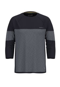 Dunkelmarineblaues und graues Crewneck-Shirt mit drei Viertel-Raglanärmeln; glatte Textur; mit einem Logo in der Nähe des Ausschnitts und farbigen Akzenten.