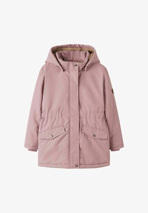 Pink insulated parka with a hood, fleece lining, two front pockets, and snap closures. Features elastic detailing at the waist for fit.