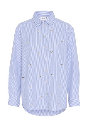 Modra in bela prugasta dolga majica z dolgimi rokavi in gumbom spredaj, ki ima majhne vezenine in ukrivljen rob.