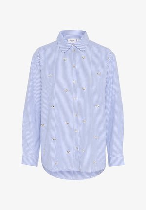 Sinine ja valge triibuline pika varruka särgiga, millel on nööpidega esiosa, väikesed tikandid ja kõver alläär.