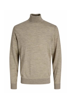 Beige turtle neck sweater lavet af blødt strikstof. Har lange ærmer, ribbede manchetter og kant, med en glat tekstur og subtilt tonet mønster.